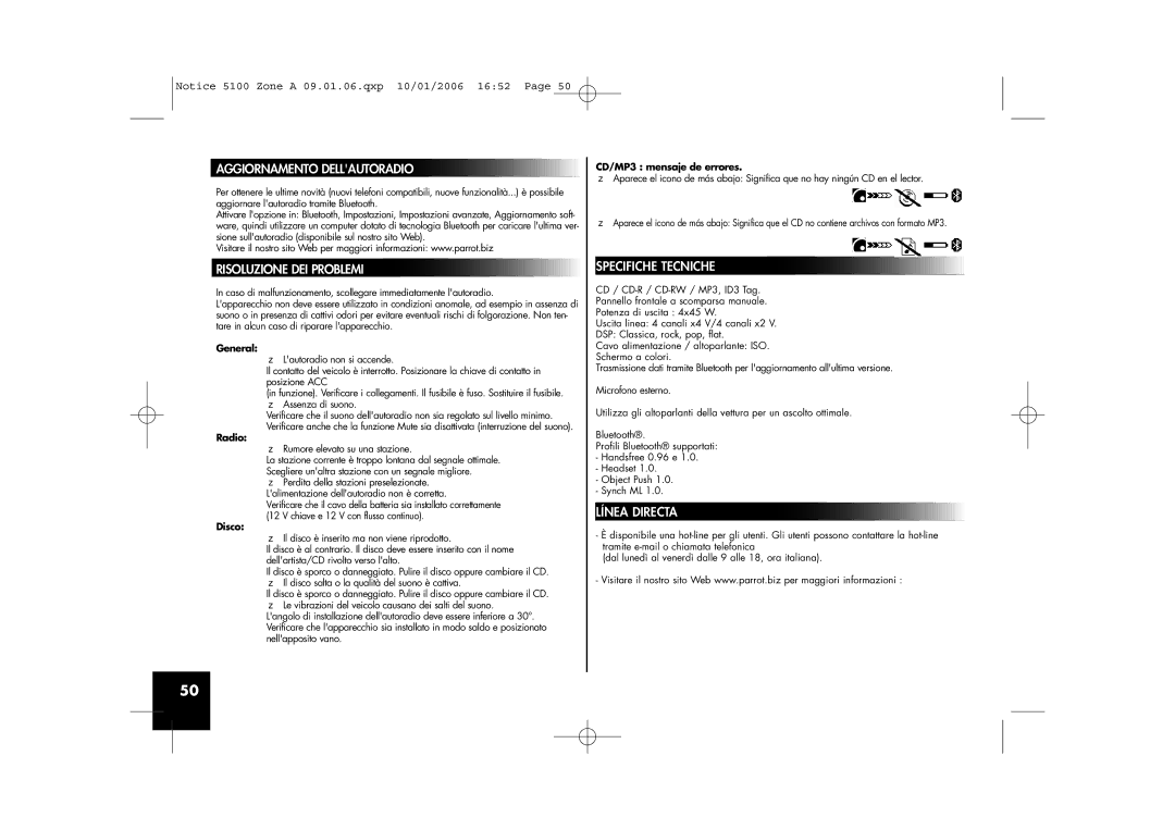 Parrot CD/MP3 Hands-free Receiver user manual Risoluzione DEI Problemi, Specifiche Tecniche, Rumore elevato su una stazione 