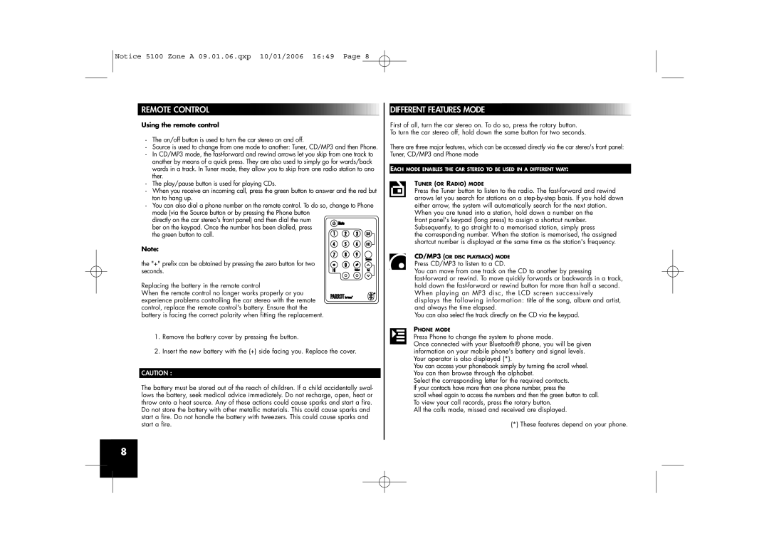 Parrot CD/MP3 Hands-free Receiver user manual Remote Control, Different Features Mode, Using the remote control 