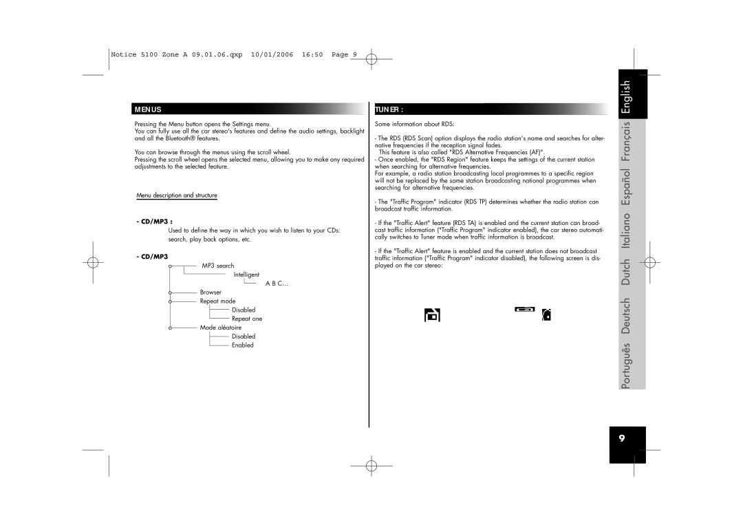 Parrot CD/MP3 Hands-free Receiver user manual Menus, Tuner 