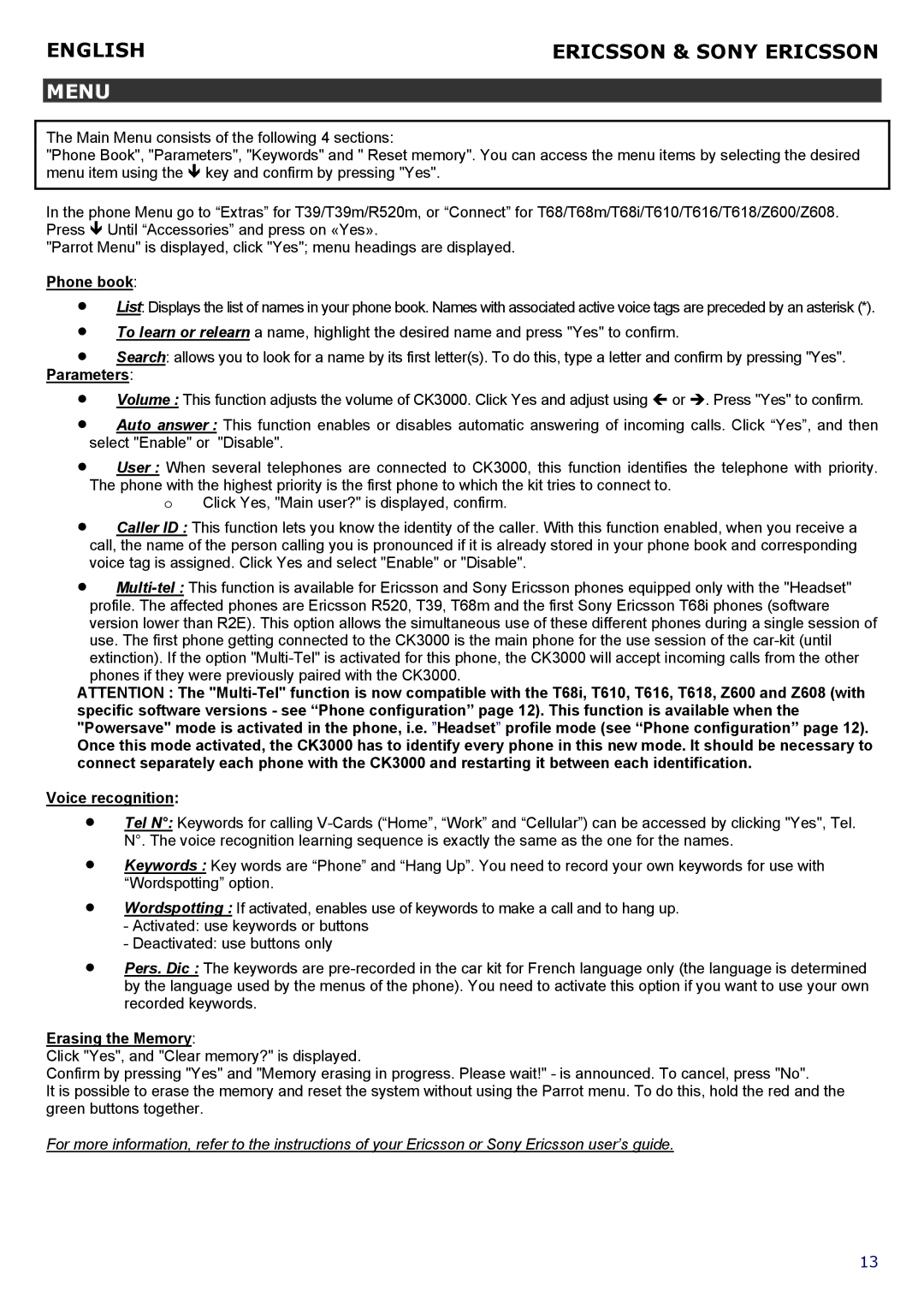 Parrot CK 3000 manual Menu, Phone book, Erasing the Memory 