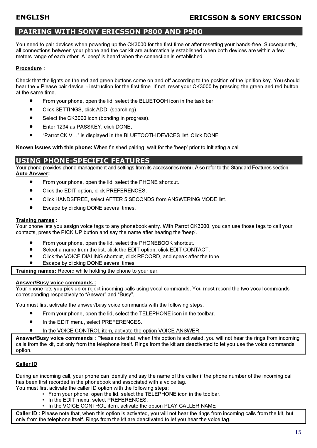 Parrot CK 3000 manual Pairing with Sony Ericsson P800 and P900, Answer/Busy voice commands, Caller ID 