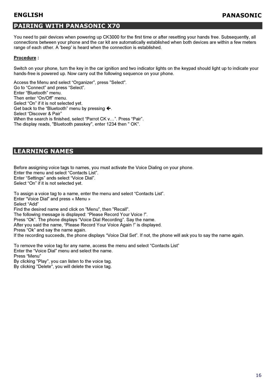 Parrot CK 3000 manual Pairing with Panasonic, Learning Names 