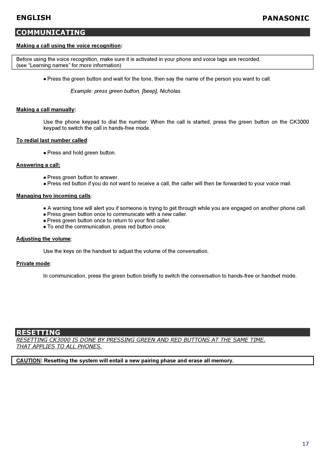 Parrot CK 3000 manual Communicating, Resetting 