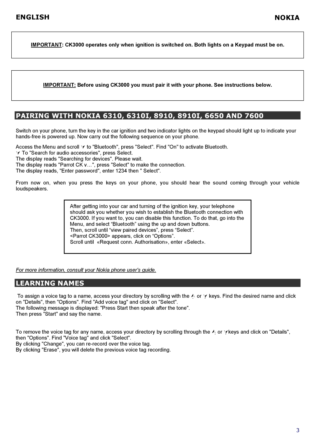 Parrot CK 3000 manual English Nokia, Learning Names 