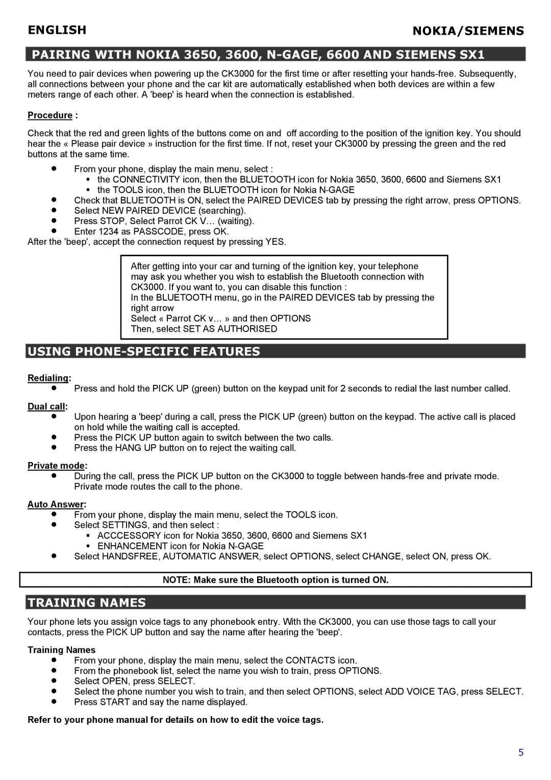 Parrot CK 3000 Pairing with Nokia 3650, 3600, N-GAGE, 6600 and Siemens SX1, Using PHONE-SPECIFIC Features, Training Names 
