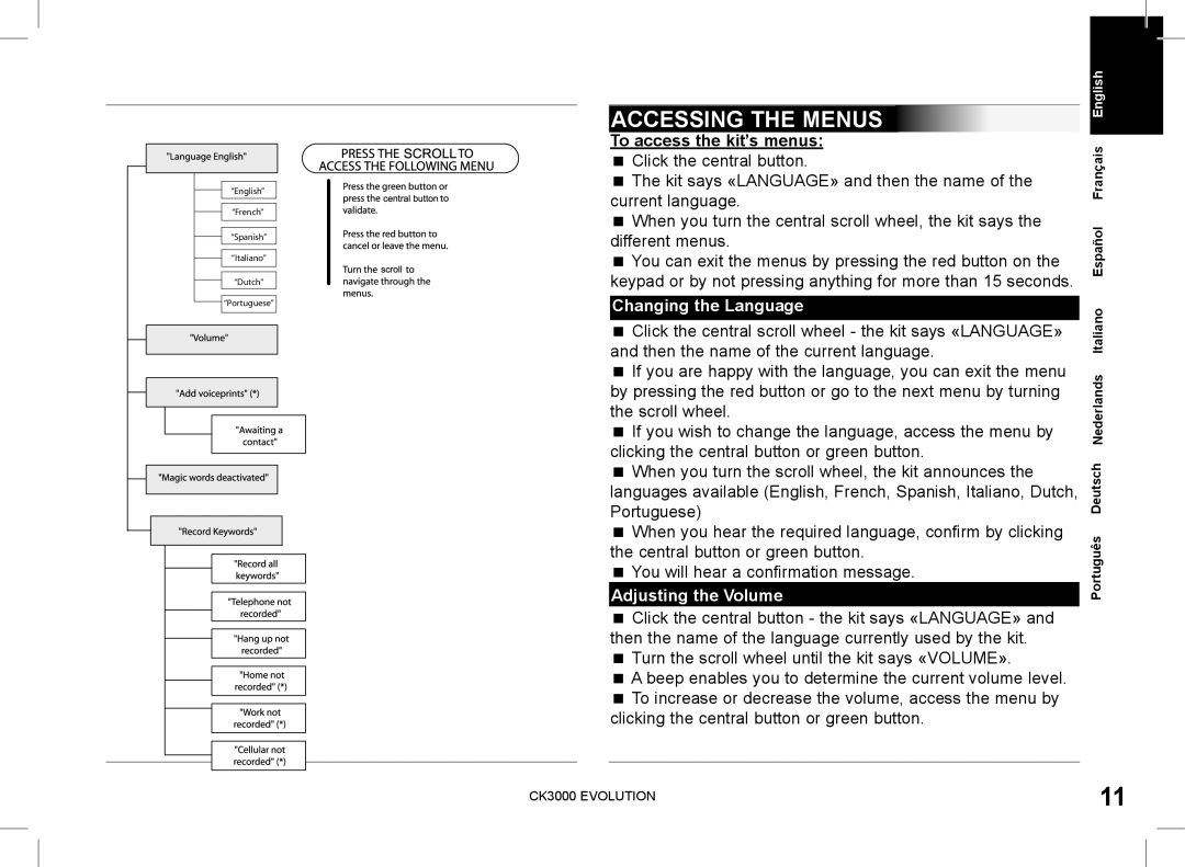 Parrot CK3000 Accessing the Menus, To access the kit’s menus, Changing the Language, Adjusting the Volume 