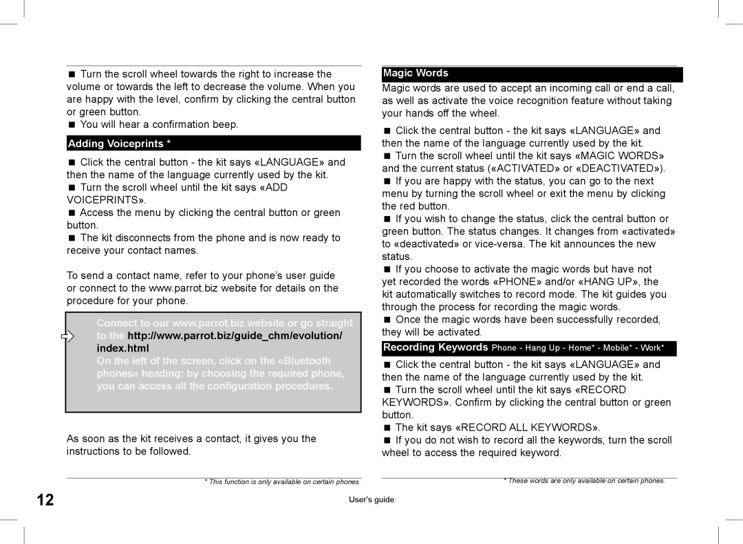 Parrot CK3000 manual do utilizador Adding Voiceprints, Magic Words 