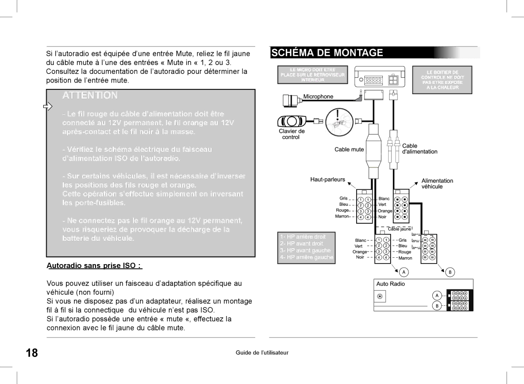 Parrot CK3000 manual do utilizador Schéma DE Montage, Autoradio sans prise ISO 