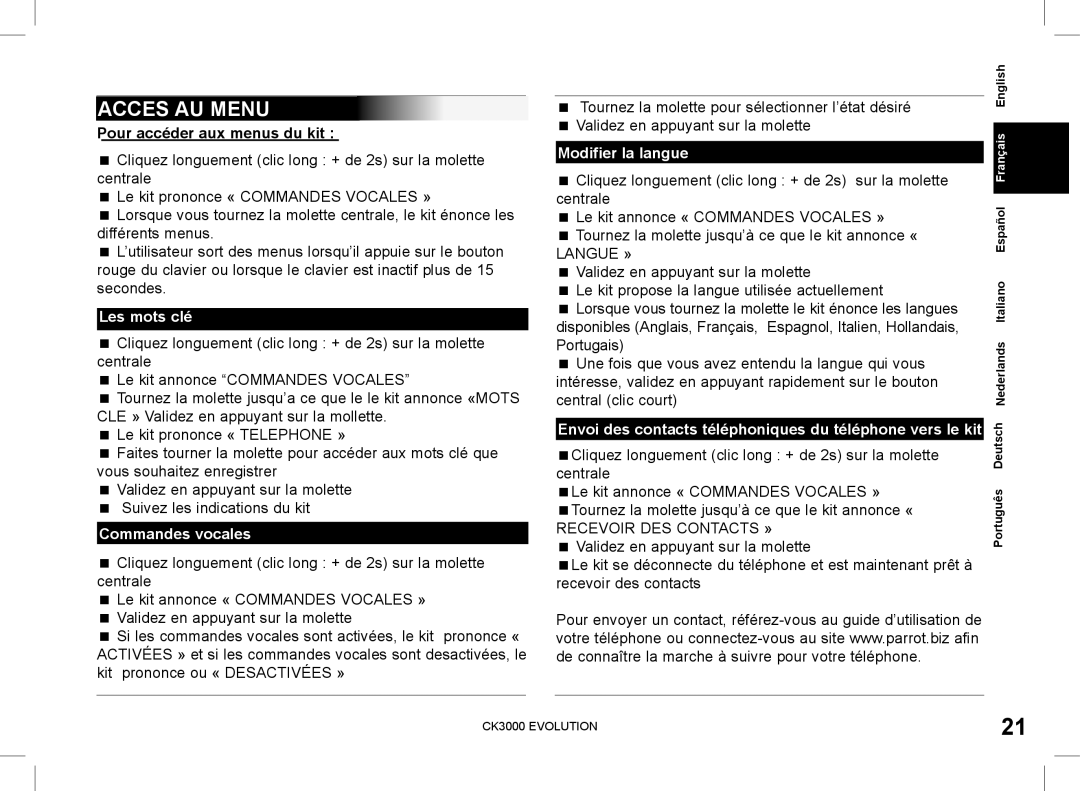 Parrot CK3000 manual do utilizador Acces AU Menu, Les mots clé, Commandes vocales, Modifier la langue 