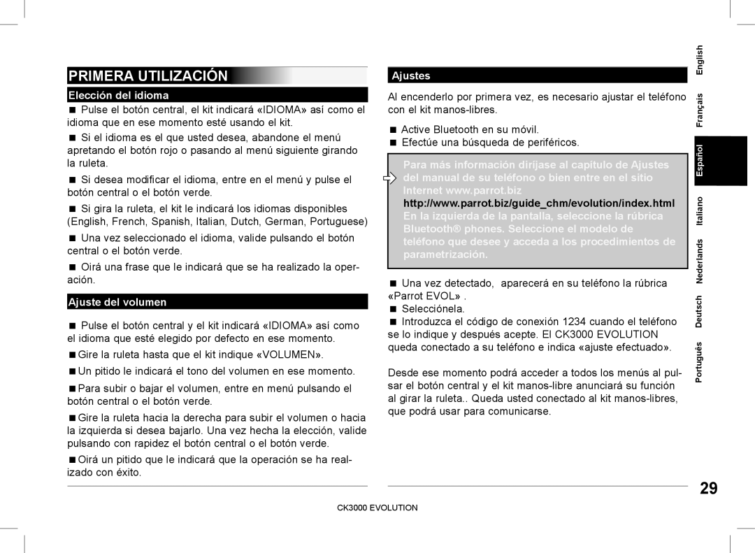 Parrot CK3000 manual do utilizador Primera Utilización, Elección del idioma, Ajuste del volumen, Ajustes 