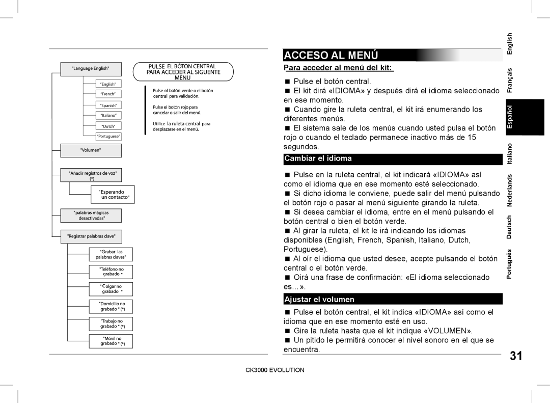 Parrot CK3000 manual do utilizador Acceso AL Menú, Para acceder al menú del kit, Cambiar el idioma, Ajustar el volumen 