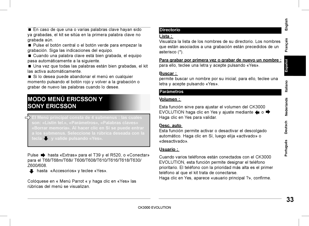 Parrot CK3000 manual do utilizador Modo Menú Ericsson Y Sony Ericsson, Directorio, Paràmetros 