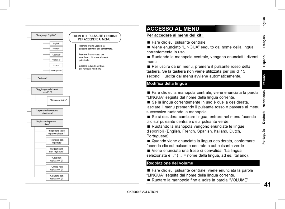 Parrot CK3000 Accesso AL Menu, Per accedere ai menu del kit, Modifica della lingua, Regolazione del volume 