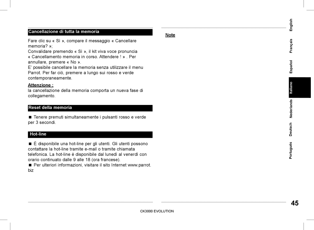 Parrot CK3000 manual do utilizador Cancellazione di tutta la memoria, Attenzione, Reset della memoria 