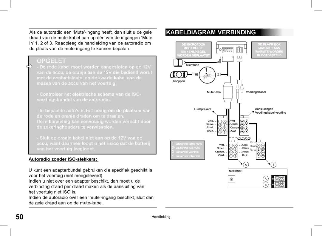 Parrot CK3000 manual do utilizador Kabeldiagram Verbinding, Autoradio zonder ISO-stekkers 