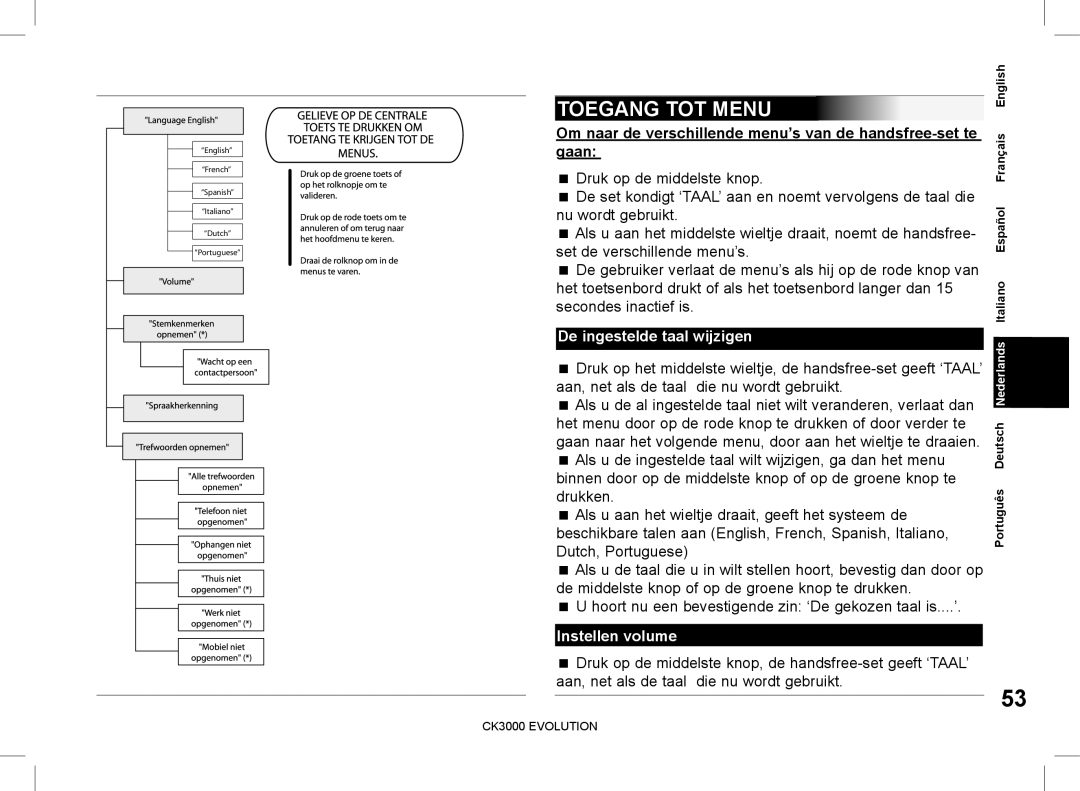 Parrot CK3000 manual do utilizador Toegang TOT Menu, De ingestelde taal wijzigen, Instellen volume 