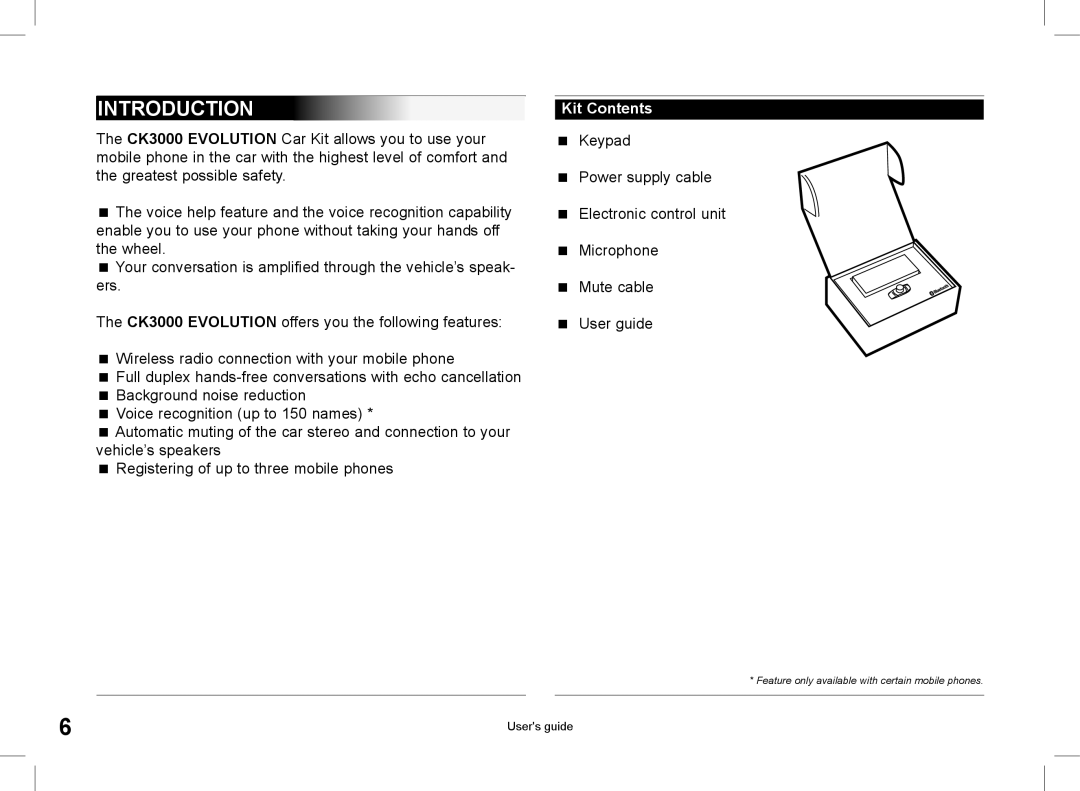 Parrot CK3000 manual do utilizador Introduction, Kit Contents 