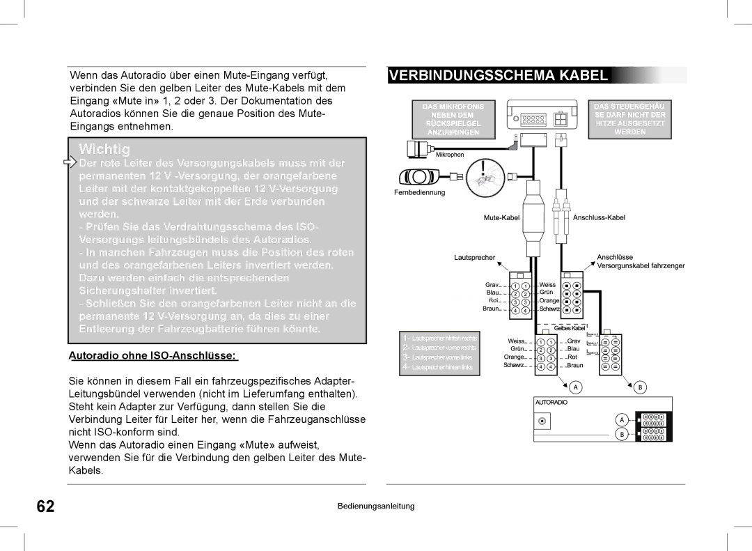 Parrot CK3000 manual do utilizador Verbindungsschema Kabel, Autoradio ohne ISO-Anschlüsse 