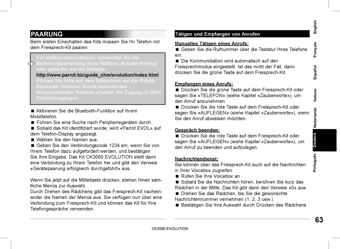 Parrot CK3000 manual do utilizador Paarung, Tätigen und Empfangen von Anrufen 