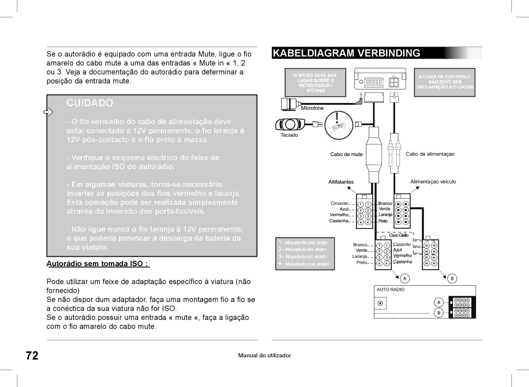 Parrot CK3000 manual do utilizador Cuidado, Autorádio sem tomada ISO 