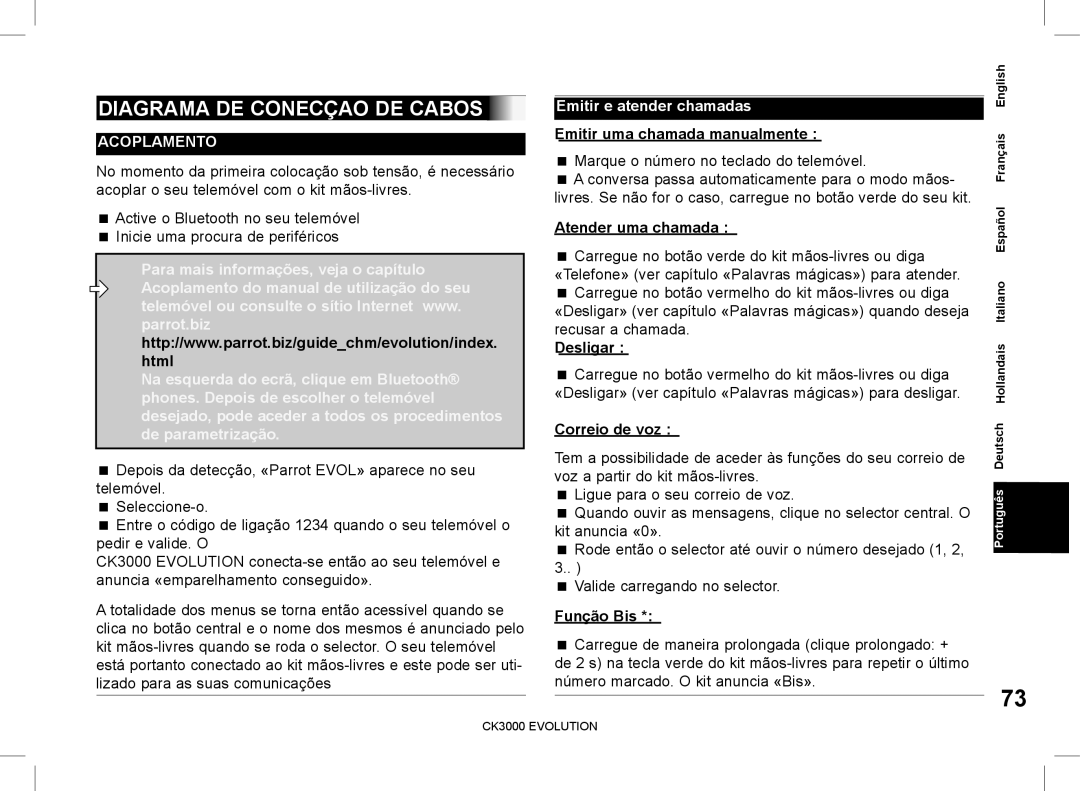 Parrot CK3000 manual do utilizador Diagrama DE Conecçao DE Cabos, Emitir e atender chamadas 