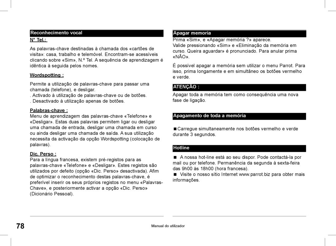 Parrot CK3000 manual do utilizador Reconhecimento vocal, Palabras-chave, Apagar memoria, Apagamento de toda a memória 