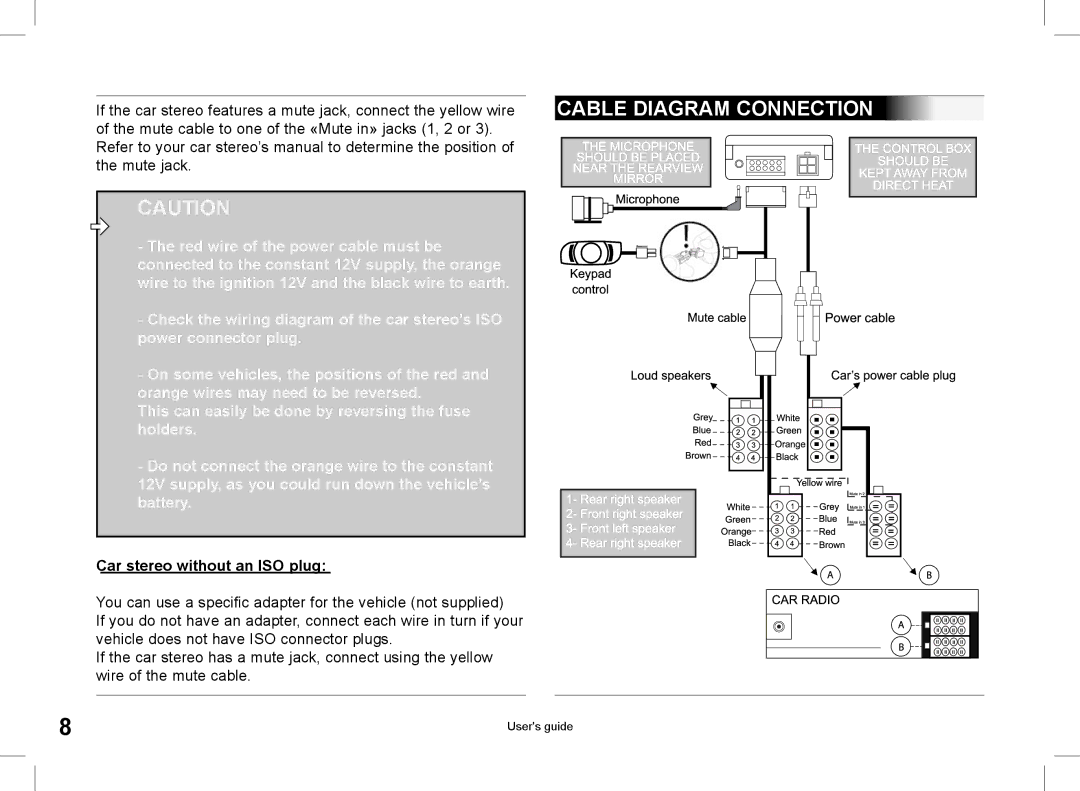 Parrot CK3000 manual do utilizador Cable Diagram Connection, Car stereo without an ISO plug 