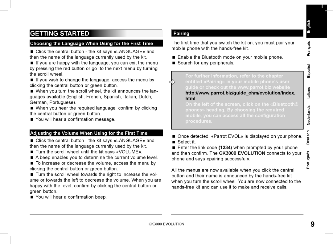 Parrot CK3000 manual do utilizador Getting Started, Choosing the Language When Using for the First Time, Pairing 