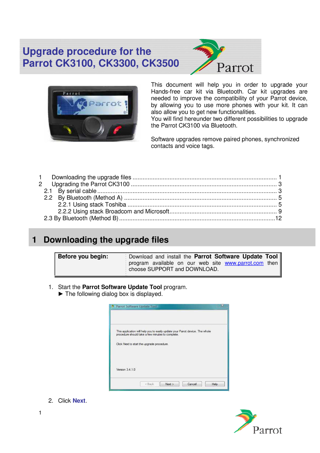 Parrot manual Upgrade procedure for Parrot CK3100, CK3300, CK3500, Start the Parrot Software Update Tool program 