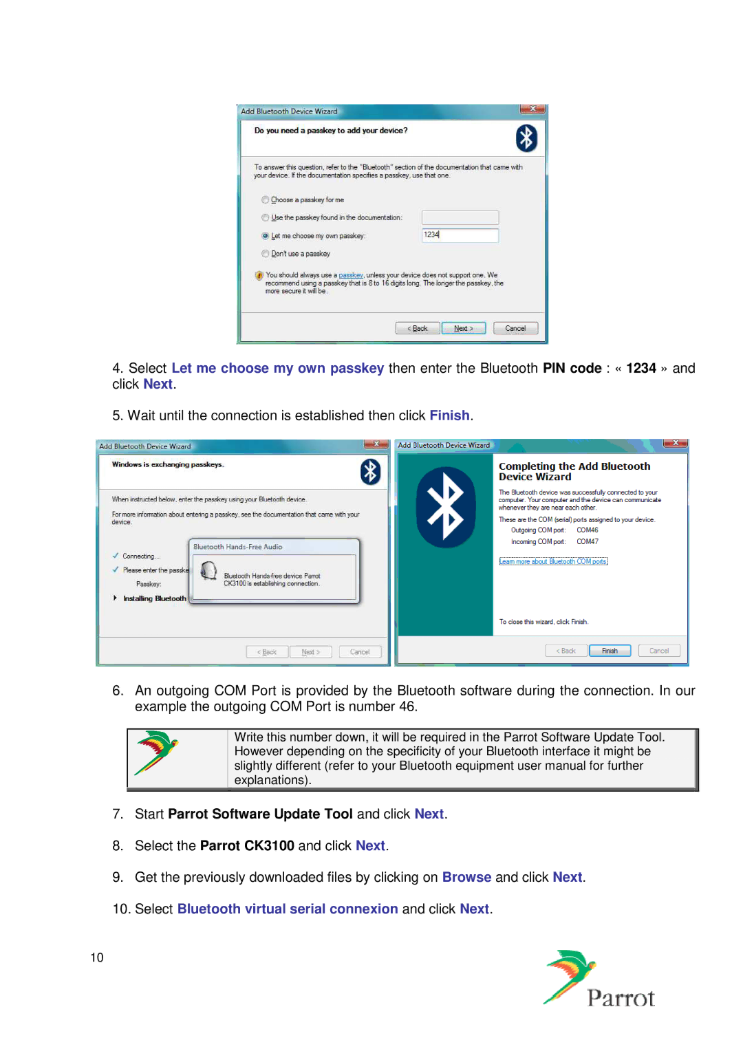 Parrot CK3300, CK3100, CK3500 manual Select Bluetooth virtual serial connexion and click Next 