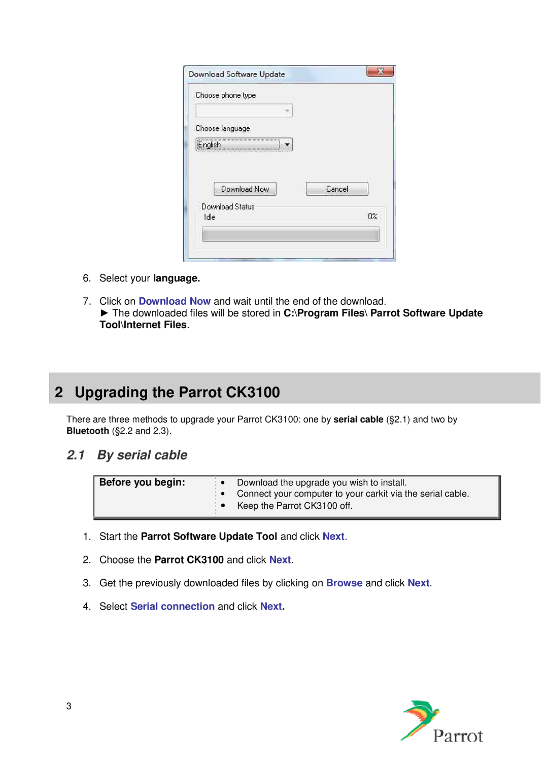 Parrot CK3100, CK3300, CK3500 manual By serial cable, Before you begin, Start the Parrot Software Update Tool and click Next 