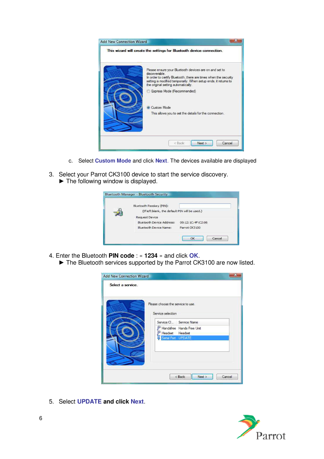 Parrot CK3100, CK3300, CK3500 manual Select Update and click Next 
