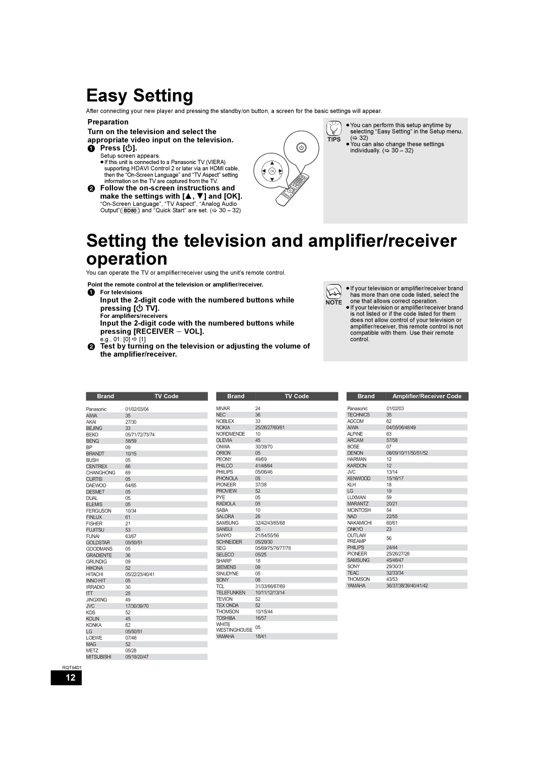 Parrot DMP-BD80 Easy Setting, Setting the television and amplifier/receiver operation, For amplifiers/receivers 