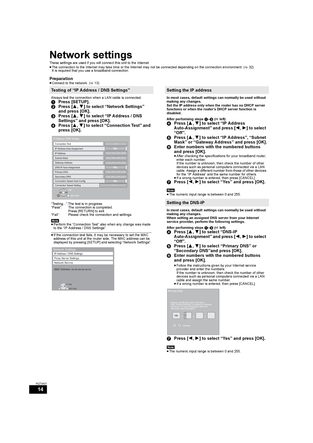 Parrot DMP-BD80 operating instructions Network settings 