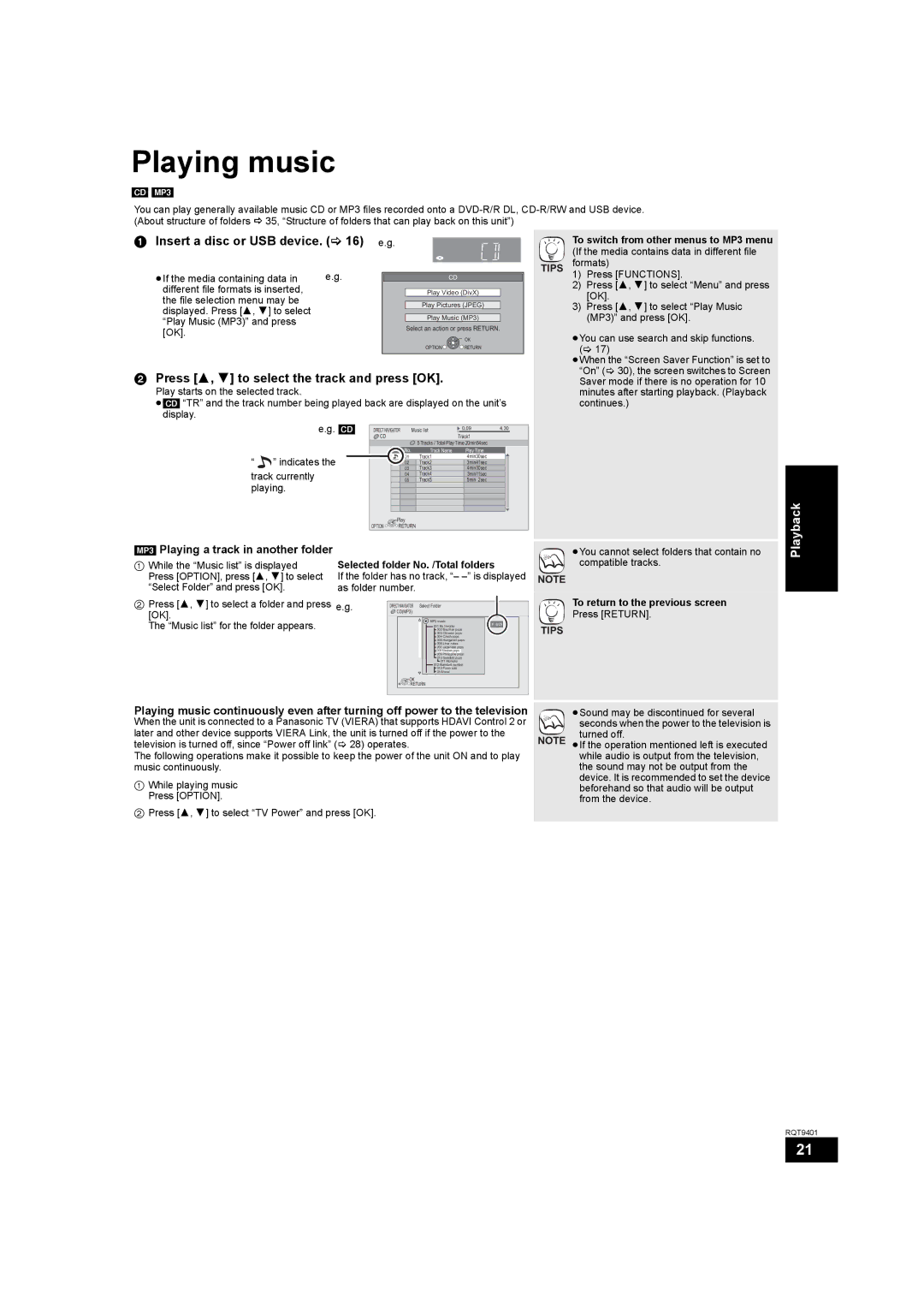 Parrot DMP-BD80 Playing music, Insert a disc or USB device, Press 3, 4 to select the track and press OK 