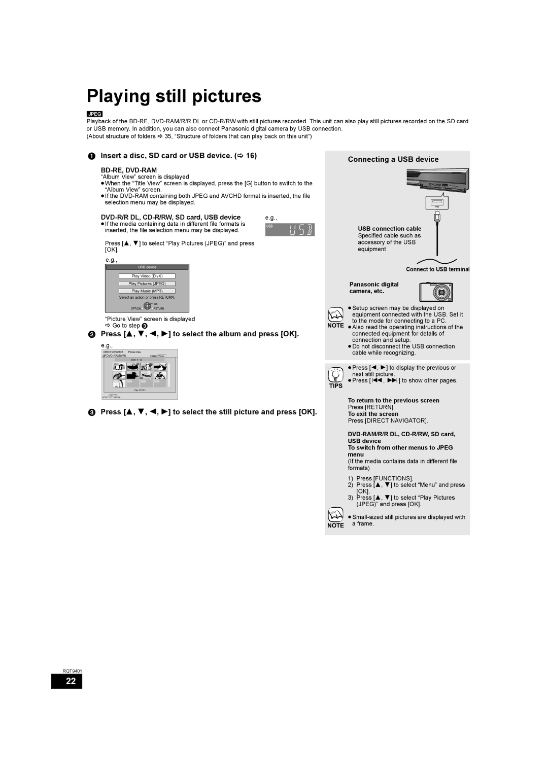 Parrot DMP-BD80 operating instructions Playing still pictures, Press 3, 4, 2, 1 to select the album and press OK, Jpeg 