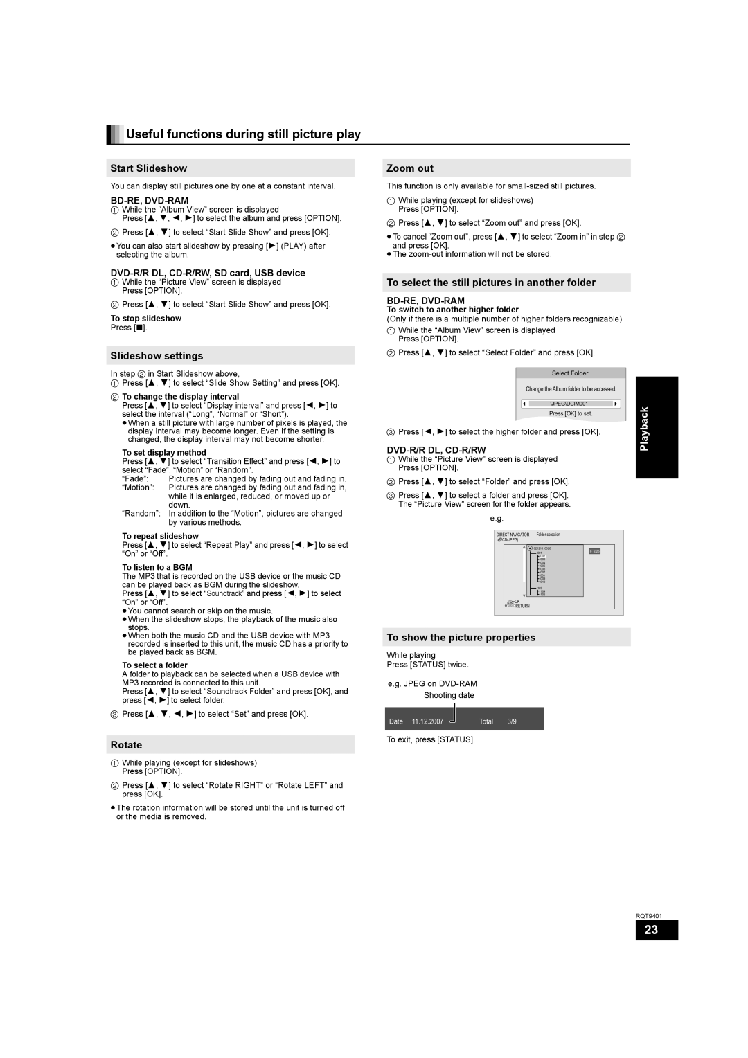 Parrot DMP-BD80 operating instructions Useful functions during still picture play 