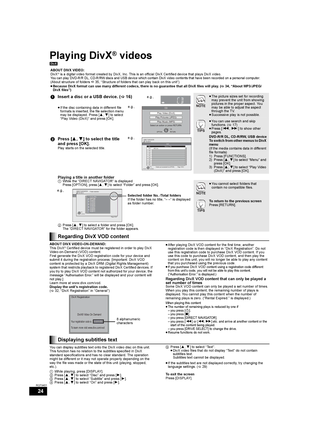 Parrot DMP-BD80 Playing DivX videos, Regarding DivX VOD content, Displaying subtitles text, Insert a disc or a USB device 