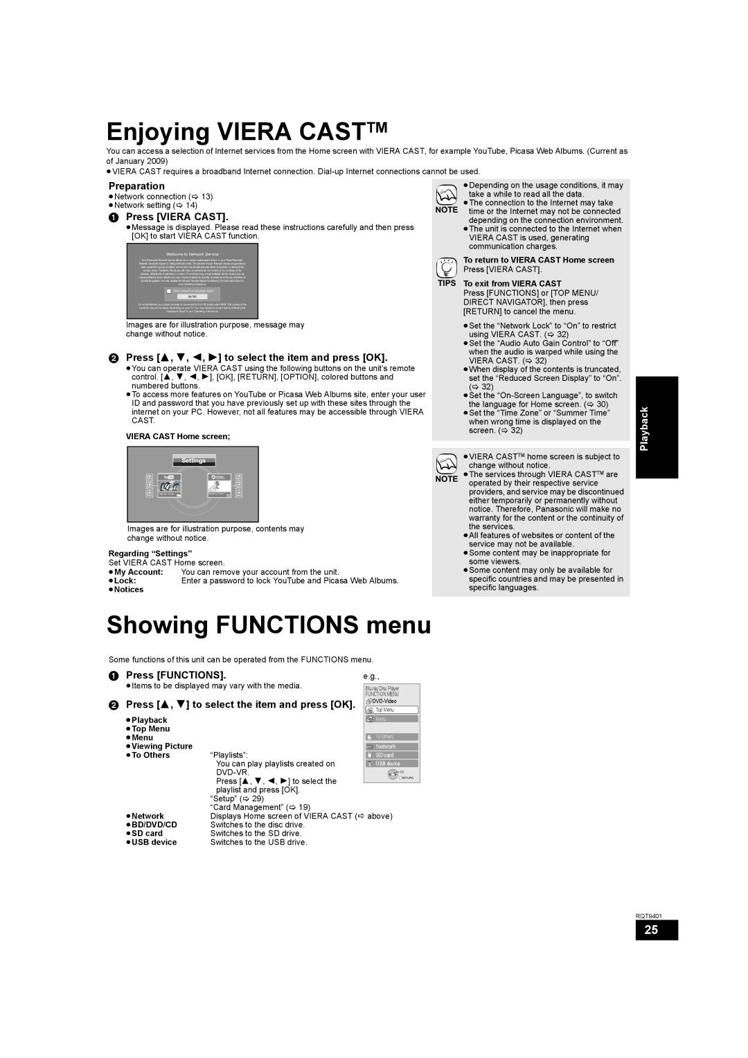 Parrot DMP-BD80 operating instructions Enjoying Viera Casttm, Showing Functions menu 