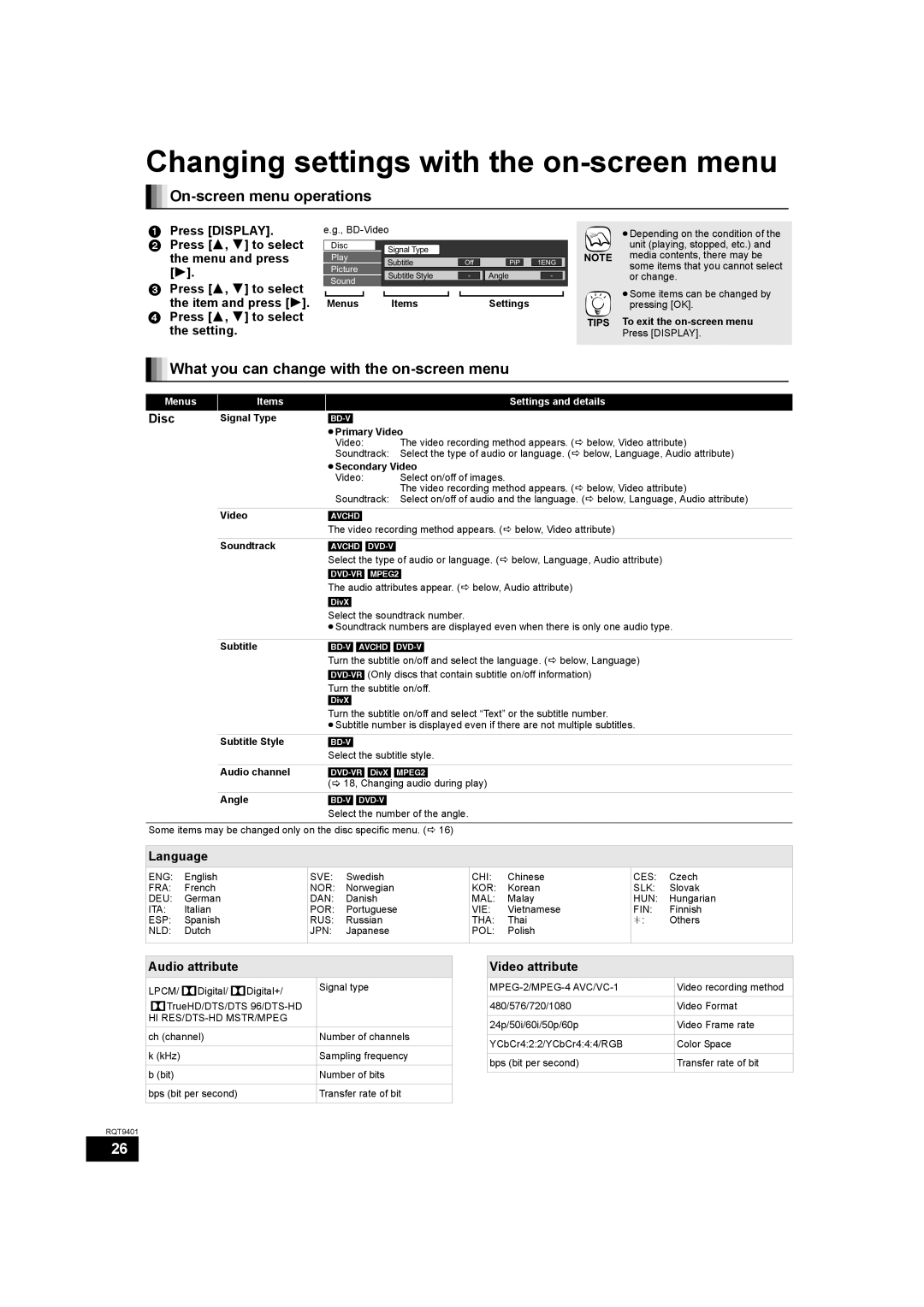 Parrot DMP-BD80 operating instructions Changing settings with the on-screen menu, On-screen menu operations 