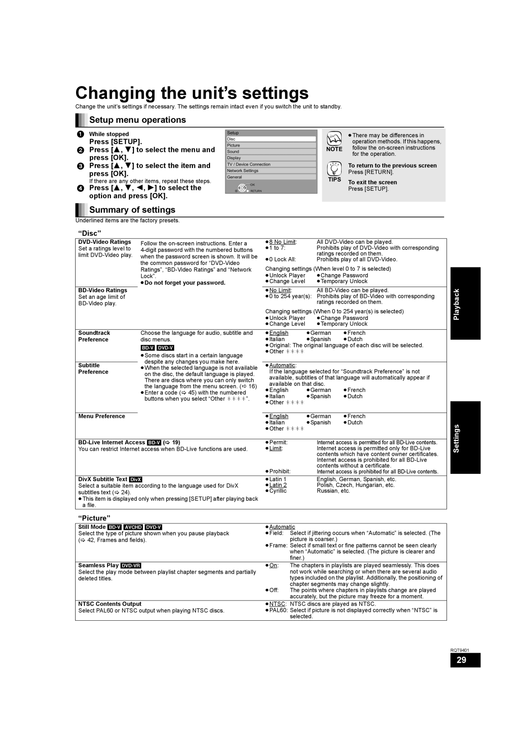 Parrot DMP-BD80 operating instructions Changing the unit’s settings, Setup menu operations, Summary of settings 