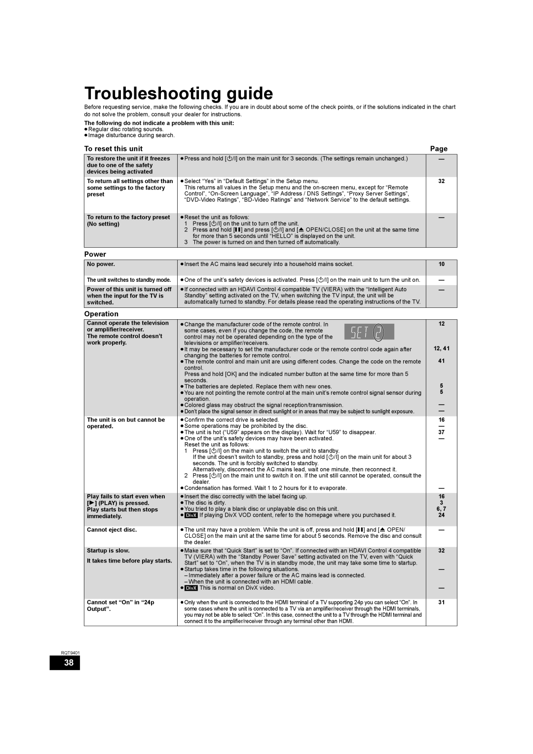 Parrot DMP-BD80 operating instructions Troubleshooting guide, To reset this unit, Power, Operation 