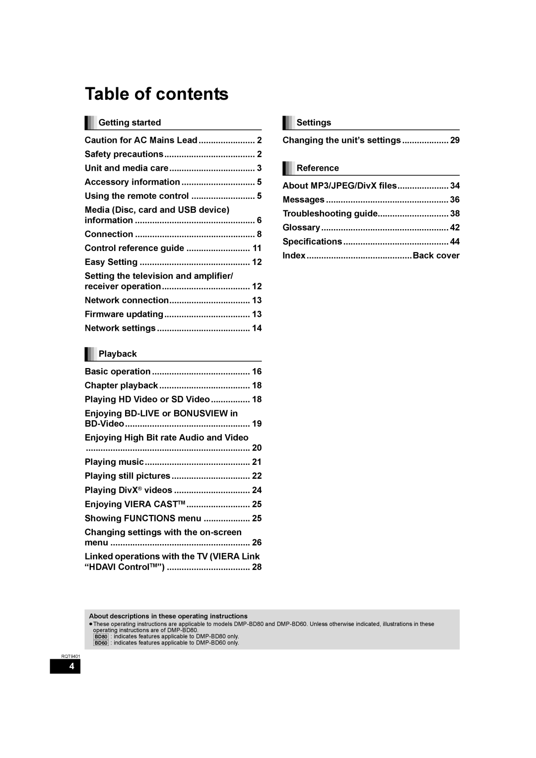 Parrot DMP-BD80 operating instructions Table of contents 