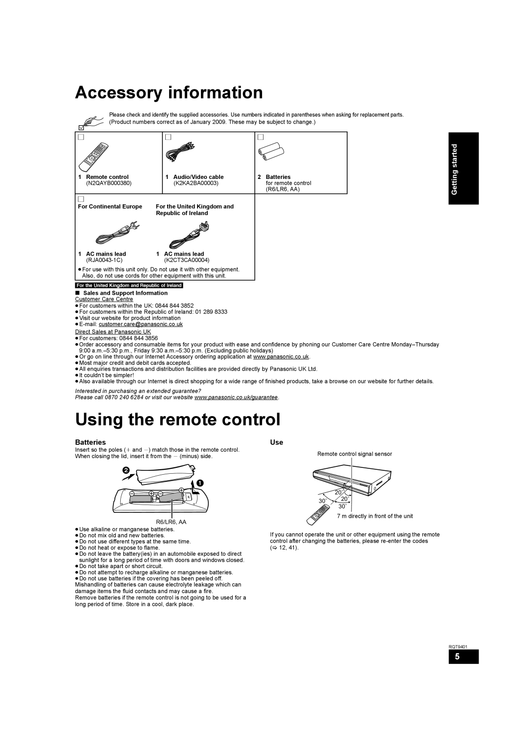 Parrot DMP-BD80 operating instructions Accessory information, Using the remote control, Batteries Use 