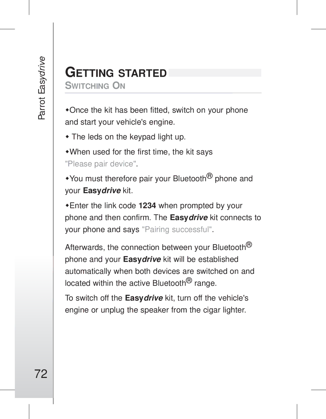 Parrot EASYDRIVE manual #72, Getting Started 