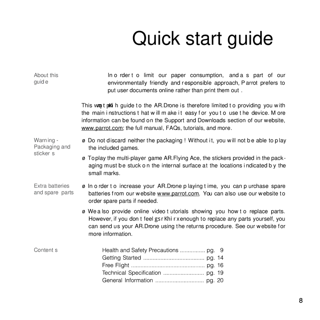 Parrot Games manual Quick start guide 