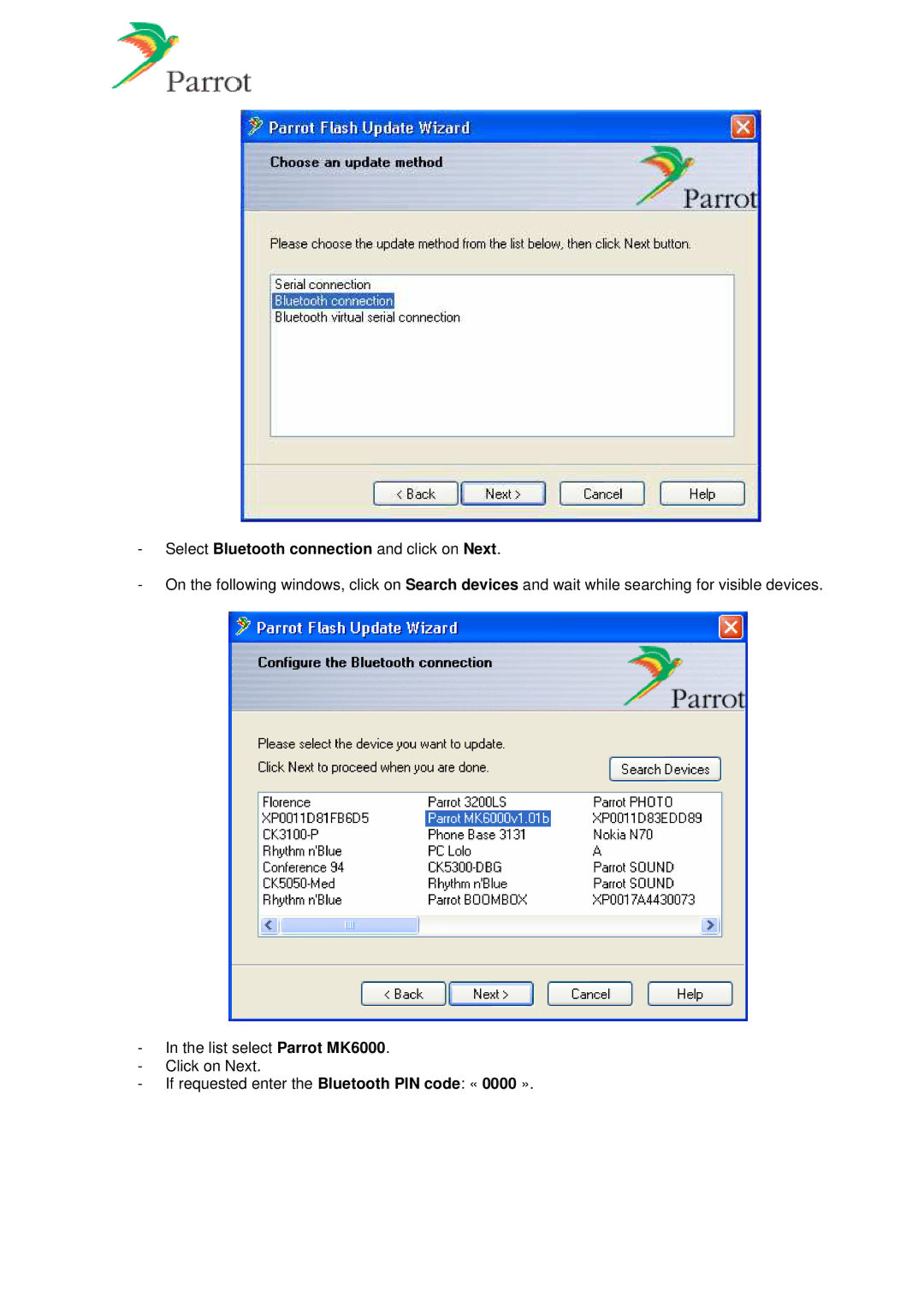 Parrot MK6000 manual Select Bluetooth connection and click on Next 