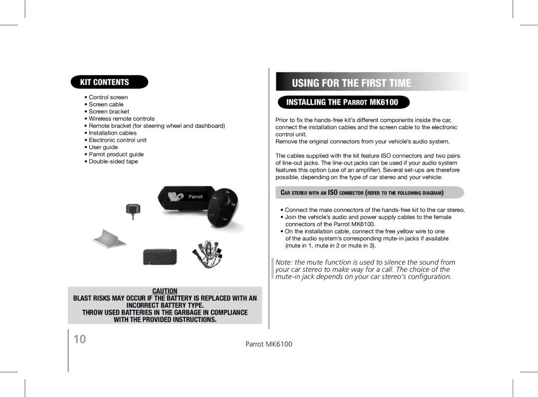 Parrot MK6100 user manual Using for the first time 