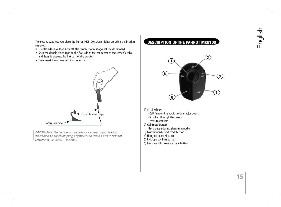 Parrot user manual English, Description of the Parrot MK6100 