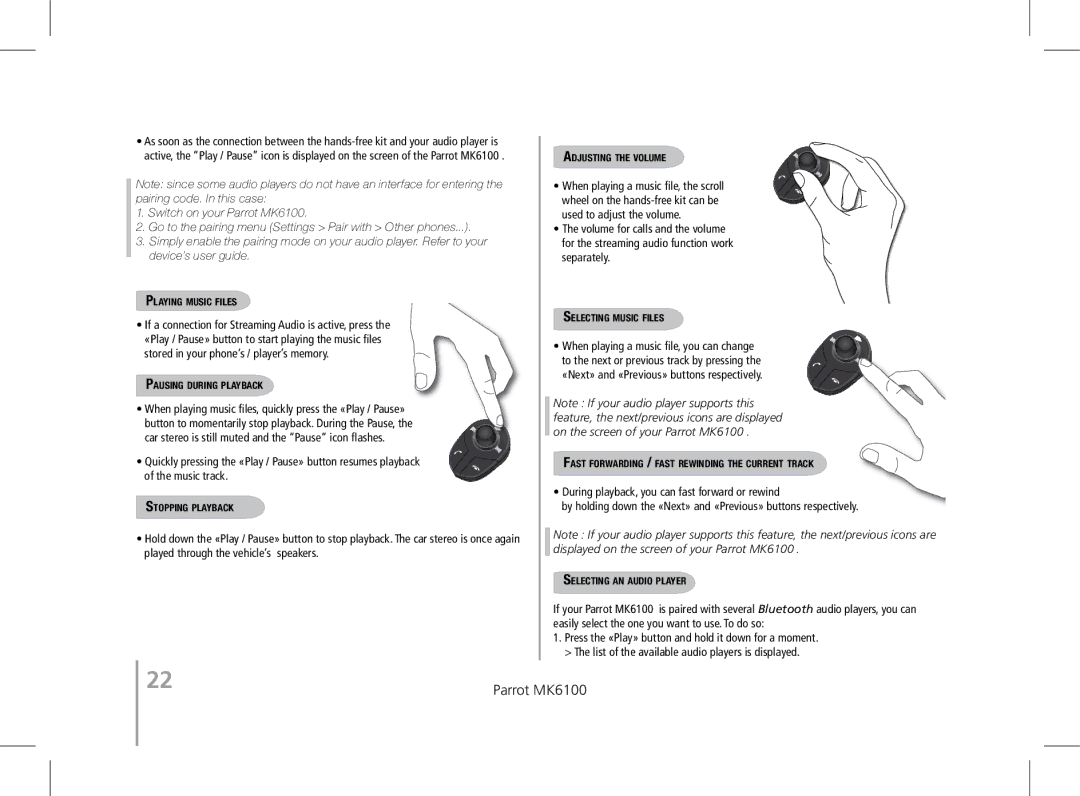 Parrot MK6100 Stored in your phone’s / player’s memory, When playing music files, quickly press the «Play / Pause» 